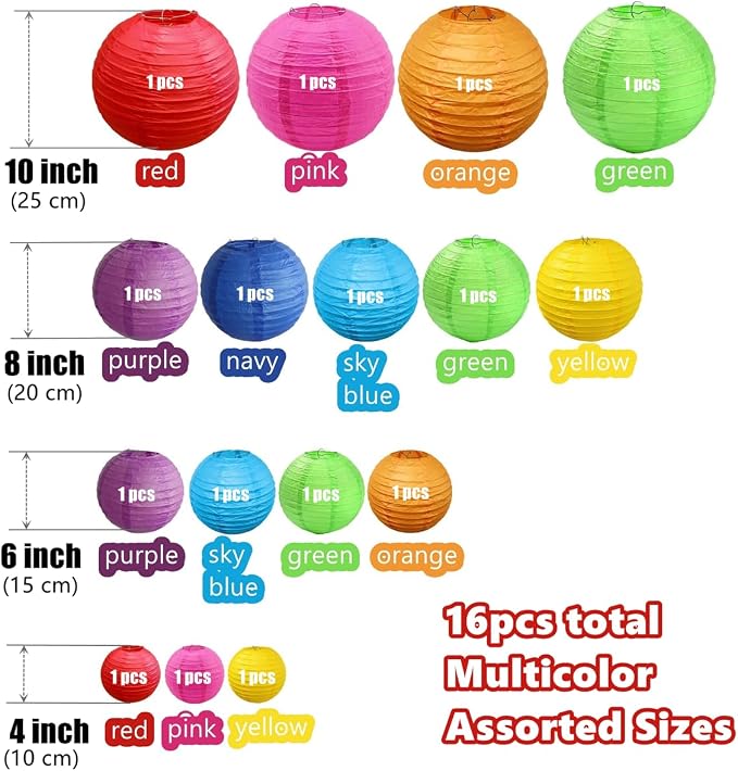 16pcs Mixed Size Colorful Paper Lanterns (4/6/8/10 Inch) for Party Decor