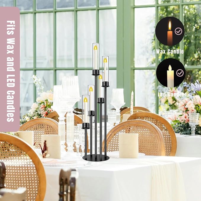 Black Candelabra with Glass Cylinders for Real Candles 5 Head Metal Candle Holder Wedding Centerpiece Ceremony Reception Event Party Home Decoration (2, M)