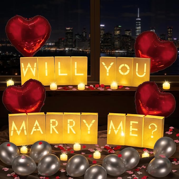 Lewondr Will You Marry ME Sign Proposal Decorations, Light Up Letters Luminary Paper Bags with 30pcs 6H Tea Lights Candles, Latex & Aluminum Balloons, 2000 Rose Petals, Surprise for Valentines Day