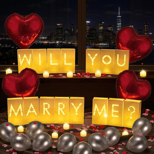 Lewondr Will You Marry ME Sign Proposal Decorations, Light Up Letters Luminary Paper Bags with 30pcs 6H Tea Lights Candles, Latex & Aluminum Balloons, 2000 Rose Petals, Surprise for Valentines Day