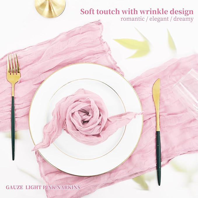 60 PCS Light Pink Gauze Cheesecloth Napkins,20x20 Inch Gauze Napkin Rustic Wrinkled Cheesecloth Napkin Bulk Washable Dinner Table Napkins for Wedding Party Bridal Shower Baby Shower Events Decor
