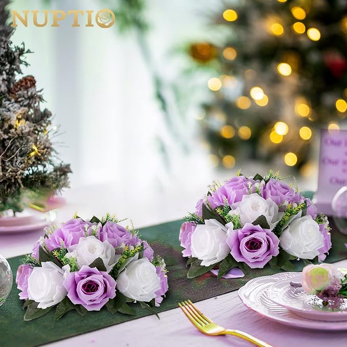NUPTIO Lilac & White Flower Balls: Artificial Rose Centerpieces for Tables | 2 Pcs Fake Silk Floral Arrangement for Women, for Wedding, Birthday Party, Bridal Shower, Quinceanera Decorations