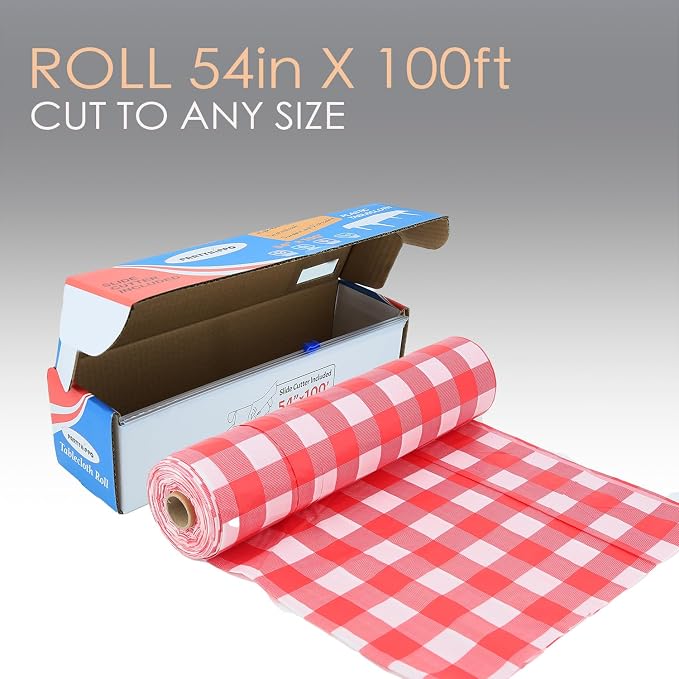 Plastic Tablecloth Roll – 54" x 100' Plastic Tablecloths for Parties Disposable with Cutter Box - Cut to Size Disposable Tablecloth for Rectangle & Round (Gingham-Red)