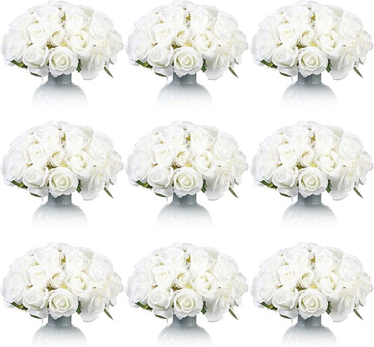 Jexine 120 Pcs Artificial Rose Flowers Bouquet Bulk Silk Realistic Fake Flowers for Wedding Anniversary Bridal Bouquet DIY Floral Arrangement Romantic Home Decor Gifts(White)