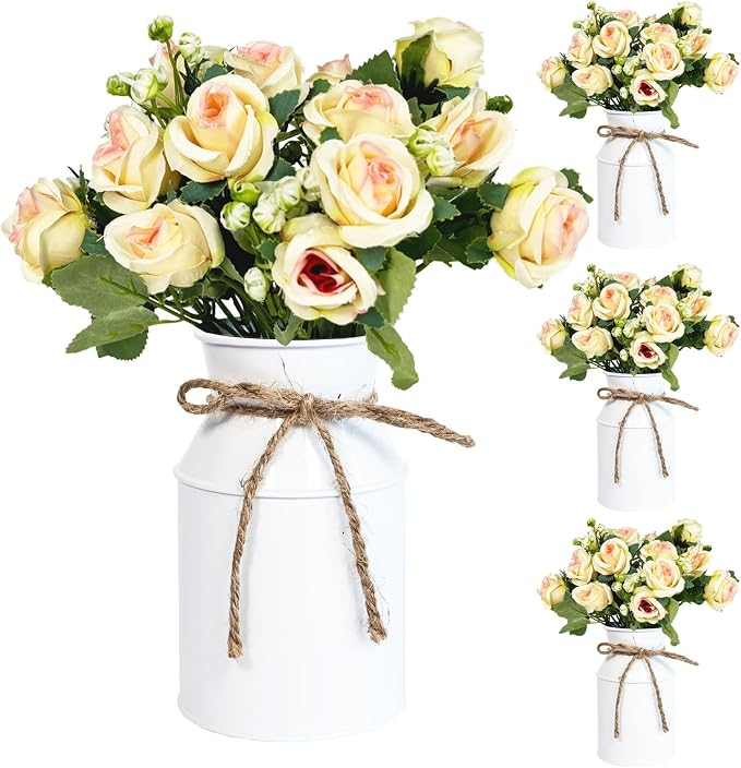 4 Sets Farmhouse Wedding Flower Centerpiece for Tables Decorations, Rustic Artificial Roses Bouquet with Metal Galvanized Vase Pot for Party Bridal Shower Event (White Vase & Champagne Roses)