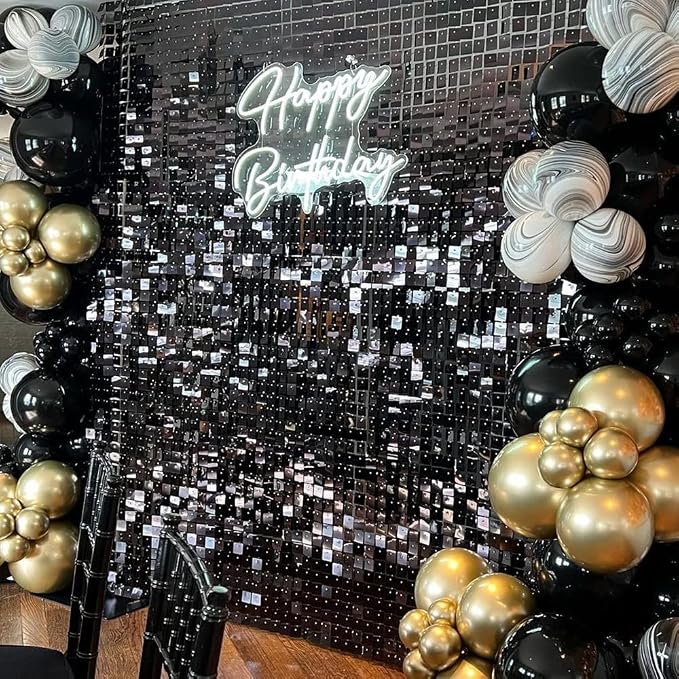 COKAOBE Black Shimmer Wall Backdrop, 24PCS Square Sequin Shimmer Backdrop Panel, Photo Backdrops for Birthday, Anniversary, Wedding, Graduation & Bachelorette Party Decoration