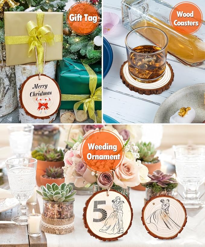 wohohoho 32pcs 3.2-3.6 inches Natural Wood Slices, Unfinished Craft Wood Kit Predrilled with Hole Thickened Wooden Circles with Bark for DIY Ornaments Christmas Wedding Decorations Wood Coasters Tags