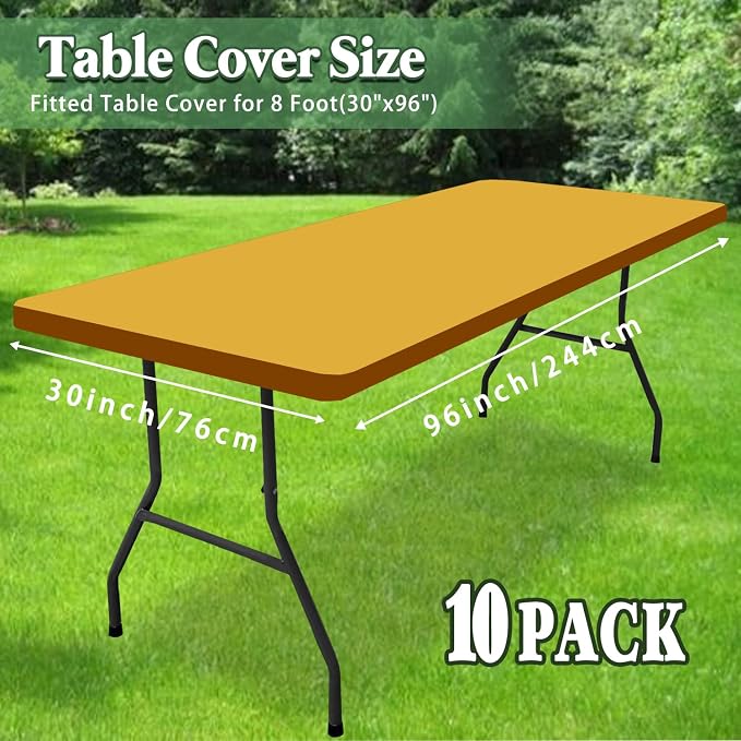 10 Pack 8 Foot Picnic Table Cover Fitted Outdoor Tablecloth for Rectangle Tables Elastic Waterproof Stretch Washable Patio Folding Spandex Table Cloth for Camping Banquet Parties (Mustard,30" x 96")