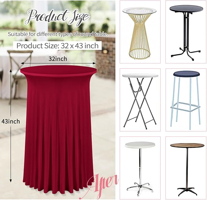 fani 6 Packs 32"x 43" Round Cocktail Table Skirt, Spandex Fitted High Top Table Skirt, Spandex Stretch Cocktail Tablecloth for Wedding Party Bar Banquet Birthday Tables(Burgundy)
