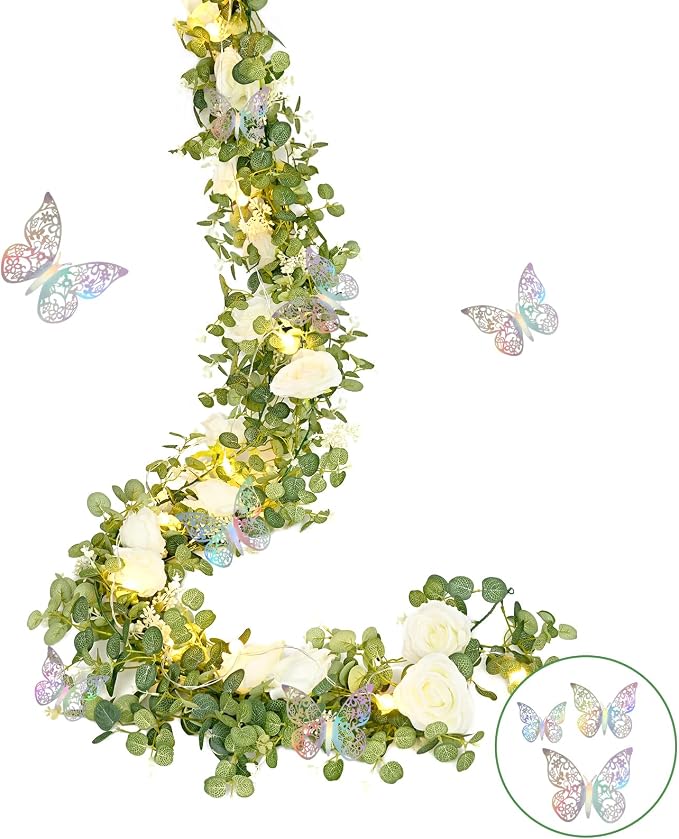 Yastouay 6 Ft Fuller White Flower Garland with Light and 3D Butterfly, Artificial Eucalyptus Garland with Fake Rose for Table Centerpiece Wedding Arch Baby Shower Party Room Backdrop Decor