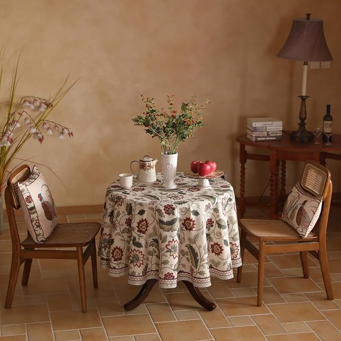 ISAENNE Designer Vintage Linen Round Tablecloth,Diameter 67"-Ratina | French Elegant Beautiful Durable Printed Table Cloth,Floral Pattern,Decoration,Heavyweight,Dining,Kitchen,Thanksgiving