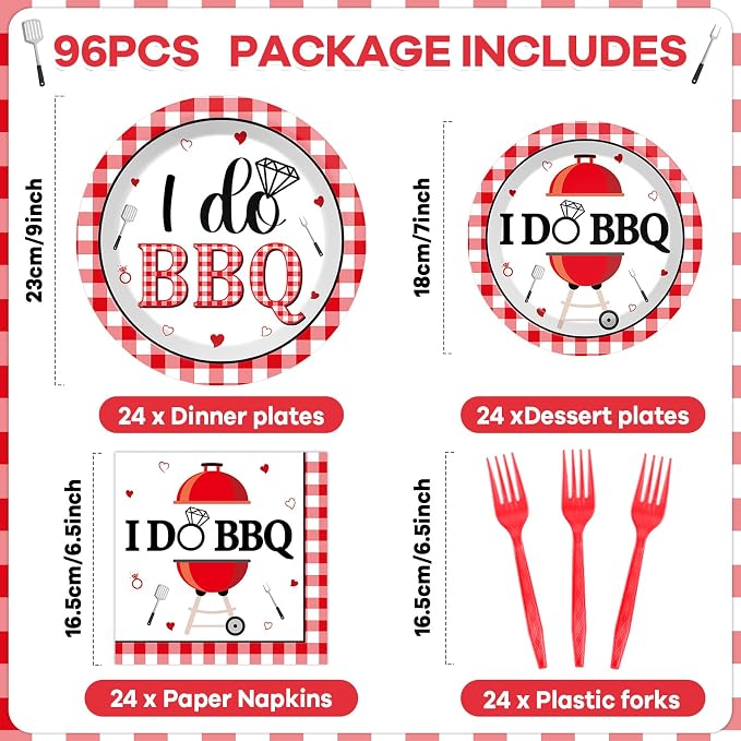96Pcs BBQ Bachelorette Party Supplies Red and White Plaid Checkered Paper Plates and Napkins I DO BBQ Tableware Disposable Dessert Dinnerware for Barbecue Wedding Bridal Shower Picnic for 24 Guests
