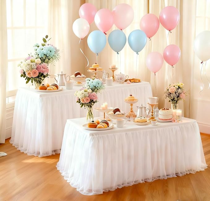 2-Pack White 2-in-1 Tulle Tablecloth for 5-Foot Rectangular Table – Stretch Fitted Table Skirt & Cover for Baby Shower, Bridal, Birthday, Princess Party