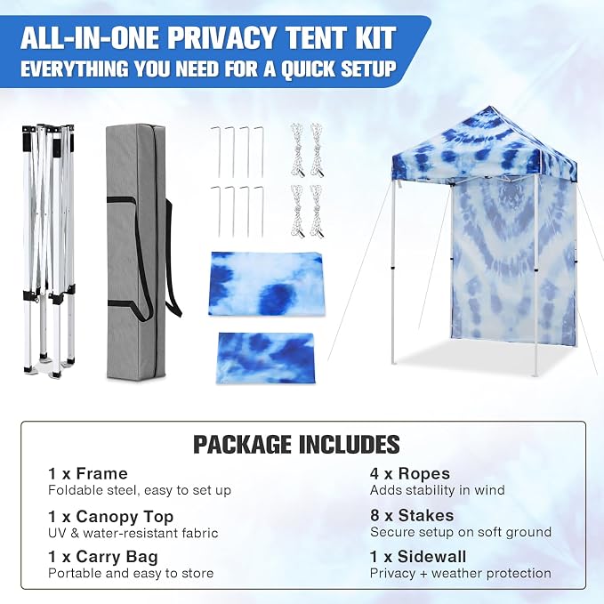 EAGLE PEAK Pop up Canopy 5x5, Outdoor Portable Canopy Tent with One Removable Sunwall, Carry Bag Included, Tie Dye Blue