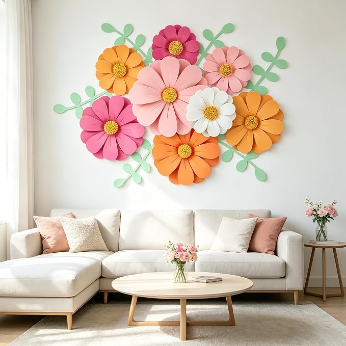 SUNBEAUTY Daisy Paper Flowers Party Decorations, Party Flower Decorations, Orange Yellow Flowers Wall Hanging, 1st Birthday Bridal Baby Shower Wedding Classroom Tea Party Daisy Décor