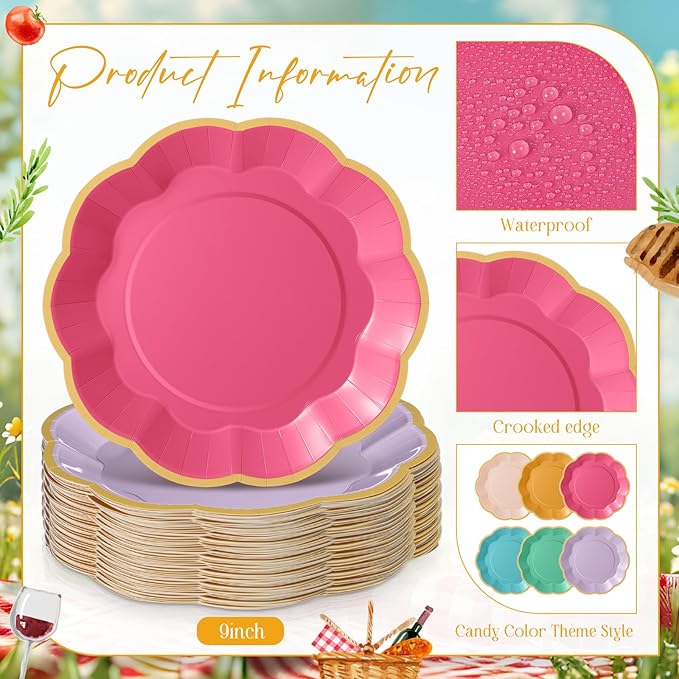 72 Pcs Candy Color Paper Plates 9 Inch Rainbow Colorful Scalloped Paper Disposable Dinner Dessert Plates for Birthday Wedding Bridal Party Supplies, 6 Colors