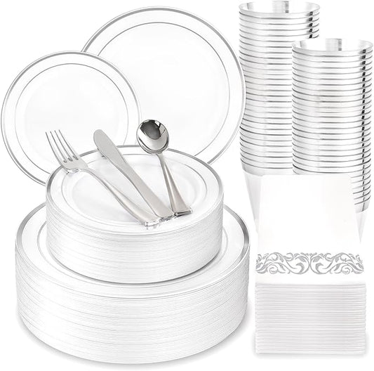 WDF 175PCS Silver and White Plastic Plates - Sliver Disposable Plates 25Guests Plastic Dinnerware Sets for Wedding/Birthday/Christmas