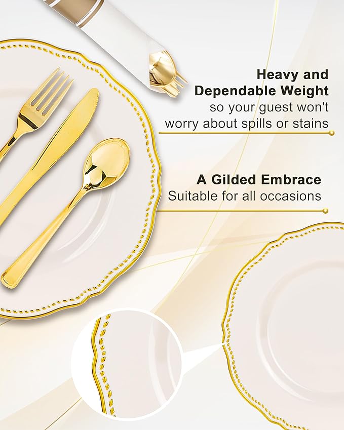 Hioasis 175pcs Ivory Gold Plastic Plates - Gold Plastic Dinnerware Set Includes 25 Dinner Plates, 25 Dessert Dinnerware, 25 Cups, 25 Napkins Perfect for Wedding & Party