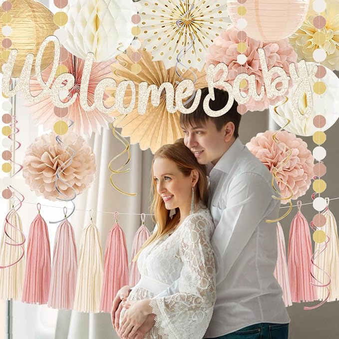 Champagne-Gold Boho Baby Shower Party Decoration -Welcome Baby Banner with Neutral Paper Lanterns, Girl Tassel Garland, Honeycomb Balls, Paper Flowers, Fans, Hanging Swirls Beige Peach Backdrop Décor