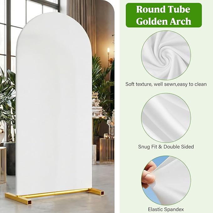 Arch Backdrop Stand with Cover Set, 7.2FT,6FT Gold Metal Wedding Arch for Ceremony, Heavy Duty Balloon Arch Stand with White Spandex Cover for Birthday Party, Baby Shower, Graduation