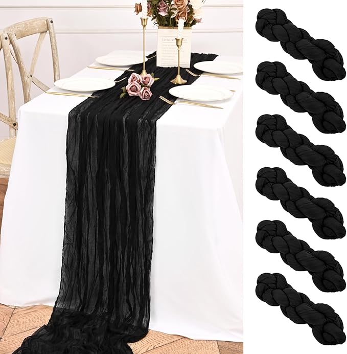 6 Pack Black Table Runner 10FT Long Cheesecloth Table Runner Cheese Cloth Gauze for Wedding Party Birthday Decoration-Black