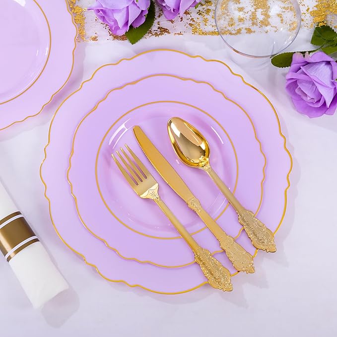 Liacere 350PCS Purple Plastic Plates - Disposable Lavender Plates 50guest Plastic Dinnerware include 100Light purple Plates,50Pack Pre Rolled Napkins Silverware 50Cups for Wedding & Mothers Day