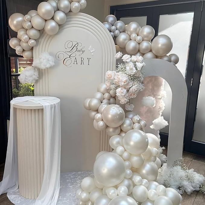 Pearl White Balloon Arch, Double Stuffed Pearl White Sand Balloon Garland, Neutral Ivory Clear Transparent Balloons Different Sizes for Boho Wedding Baby Bridal Shower Engagement Birthday Party Decor