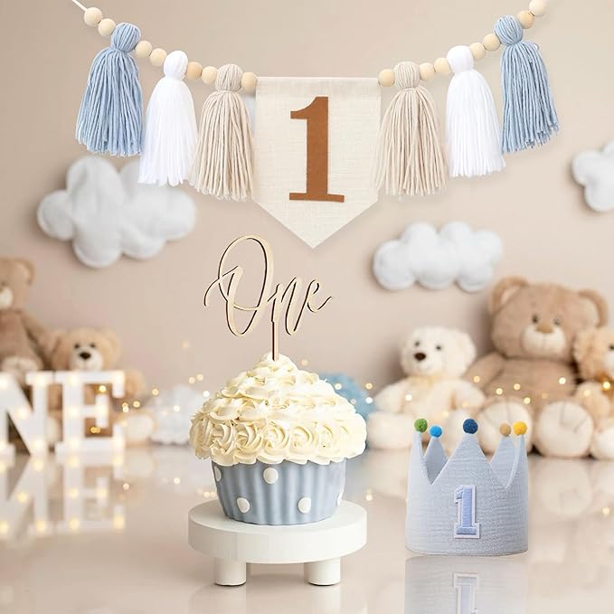 Blue Baby Boy 1st High Chair Banner Wood Bead Tassel Garland Crown Hat Wooden Cake Topper Birthday Party Decorations