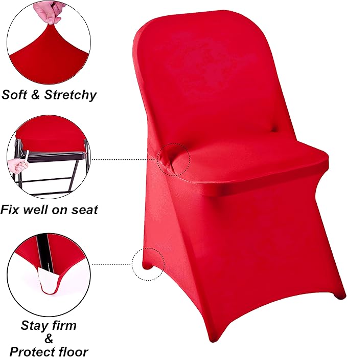 Howhic Folding Chair Covers for Party - 12pcs, Red Universal Spandex Fitted Chair Covers for Wedding, Banquet, Conference