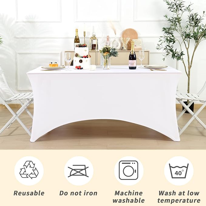 Fixwal 12 Pack White Tablecloth Rectangle 6Ft, Stretch Spandex Fitted Table Cover for Party, Trade Show, Wedding, Buffet, Graduation, Vendor Stand