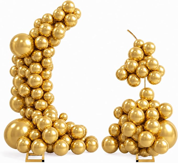 Balloon Arch Stand Kit Set with 145PCS Metallic Gold Balloons – Duty Metal Wedding Backdrop Frame with 8 Water Bags, Gold Semi-Open Arch for Birthday, Party Decorations Indoor Outdoor.