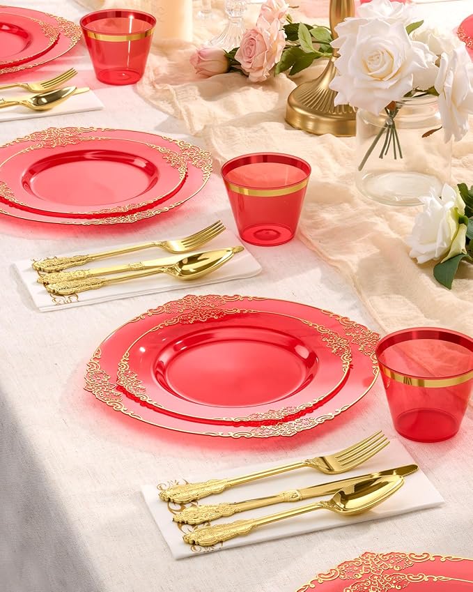 Bestluck 350PCS Clear Red Plastic Plates for 50 Guests, Disposable Plates with Gold Trim include 50 Dinner Plates, 50 Dessert Plates, 150 Gold Silverware, 50 Cups, 50 Napkins for Party