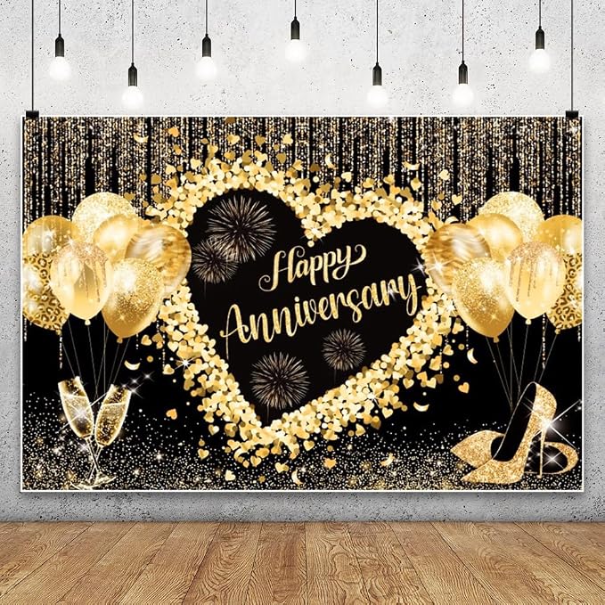 10x6.5ft Black and Gold Happy Anniversary Backdrop Banner, Happy Anniversary Sign, Gold Glitter Bokeh Spot Balloon Champagne Decorations for Wedding Anniversary Bridal Shower Party Photo Backdrops