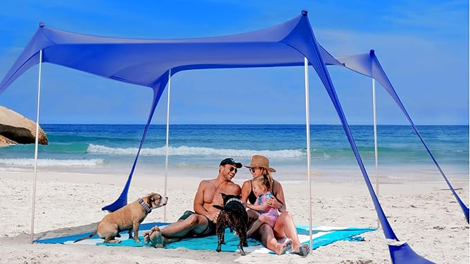 Sun Ninja Beach Tent Sun Shelter UPF50+ - Easy Pop Up Beach Canopy - Outdoor Shade for Camping Trips, Fishing, Backyard Fun Picnics - Sand Shovel, Ground Pegs & Stability Poles