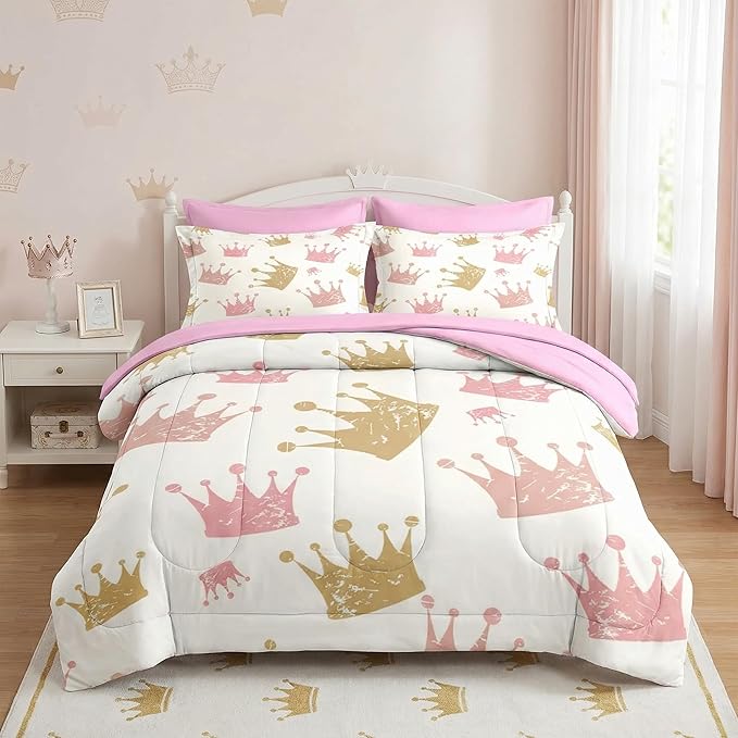 Pamnest Comforter Set Full Size, Cute Kids Crown 7 Pcs Bedding for Kids and Adults, Pink Princess Girls Bed Sheet Sets with Fitted Sheet 2 Pillowcase & 2 Sham for Bedroom Bed Decor