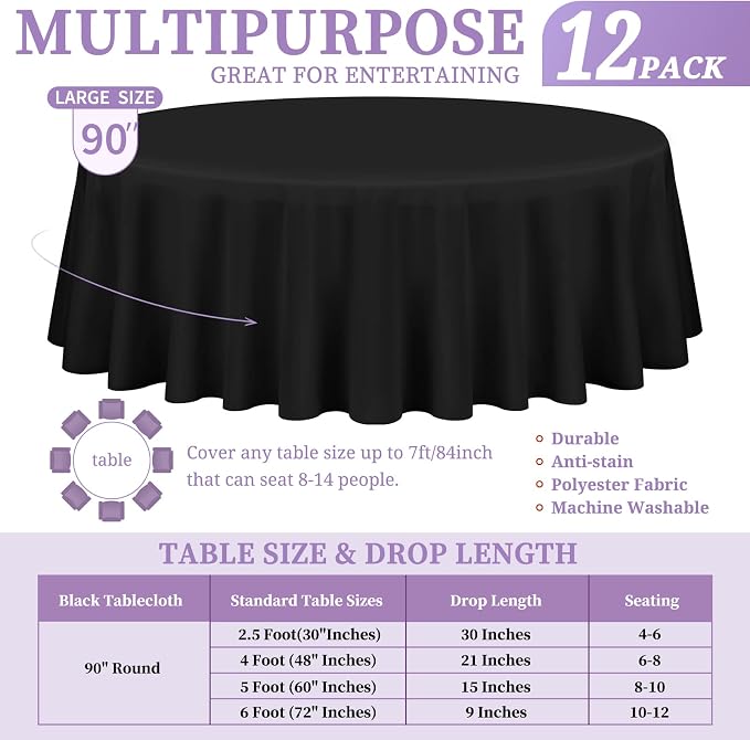 Showgeous 12 Pack Black Polyester Tablecloths - 90 Inch Round Tablecloths for Weddings, Banquets & Parties - Washable, Wrinkle Resistant