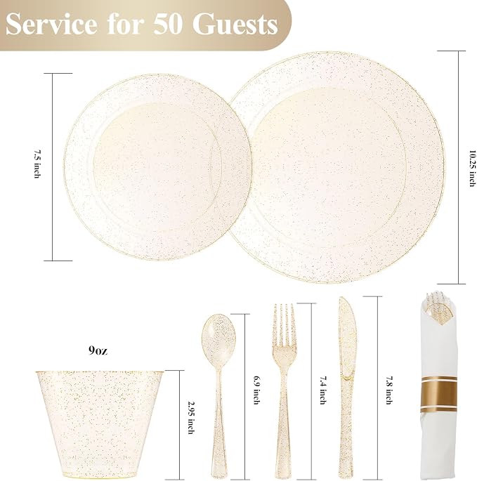 realluck 350 Piece Gold Glitter Plastic Dinnerware Set for 50 Guests, Disposable Plates for Party, Include: 50 Dinner Plates, 50 Dessert Plates, 50 Rolled Napkins with Silverware, 50 Cups