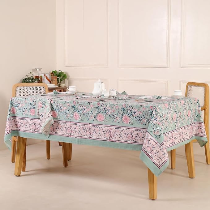 Hand Block Printed Tablecloth, Colorful Floral Print, Indian Artisan Handmade Art, Dining Room, Kitchen, Outdoor Décor, (Mint Green, 12 Seater 72 x 135 Inches Rectangle)
