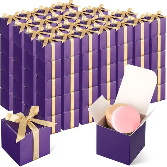 Jutom 100 Pcs Mini Favor Boxes Extra Small Candy Boxes Paper with Gold Ribbon for Baby Shower Birthday Wedding Anniversary Supplies(2 x 2 x 2 Inch,Purple)