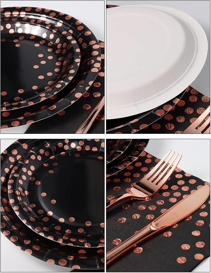Nkaiso 141 Pieces Black and Rose Gold Party Supplies, Disposable Party Decorations Sets Include Paper Plates Napkins Cups, Plastic Forks Knives Spoons, for Baby Shower Birthday Wedding -20 Guests