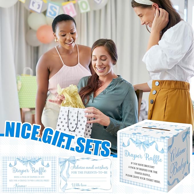 Teling 51 Pieces Diaper Raffle Tickets with Card Box Baby Shower Decorations Gender Reveal Holder Box for Girl Boy Diaper Raffle Party (Blue Bow)