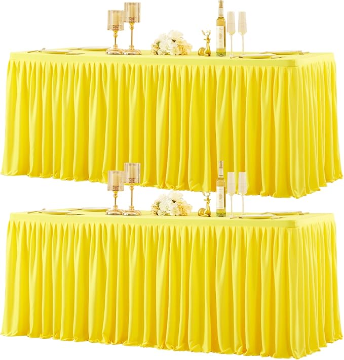 2 Packs Yellow Polyester Tablecloths Rectangle Tables 6ft, Stretch Fitted Table Covers for 6 Foot Tables Wrinkle Free Rectangle Table Cloth with Skirt for Birthday Party Events Banquet Baby Shower