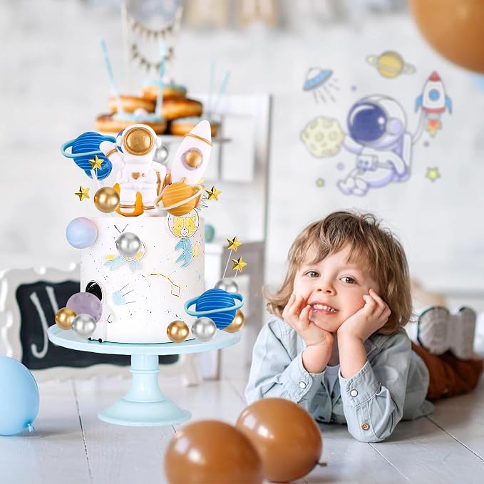Space Theme Cake Topper 20Pcs Outer Space Cake Decoration Astronaut Figurine Rocket Balls and Stars Spaceman Figures for Two The Moon First Trip Around the Sun Birthday Baby Shower