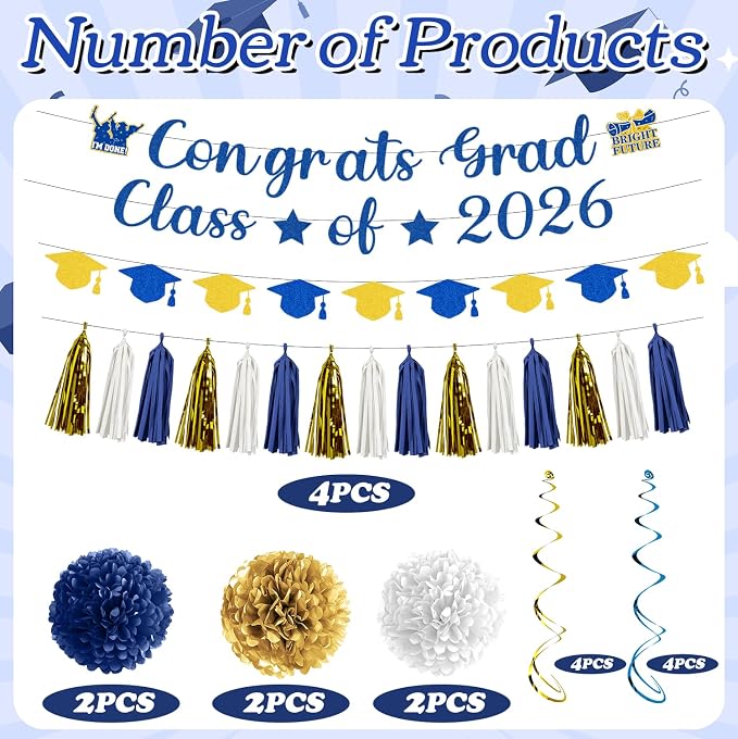 Rakuto Navy Blue and Gold Graduation Decorations 2026, 32PCS Congrats Grad Class of 2026 Glitter Banners and Hanging Swirls, Congratulations Grad Tassel Garland and Paper Pom Poms Party Decor