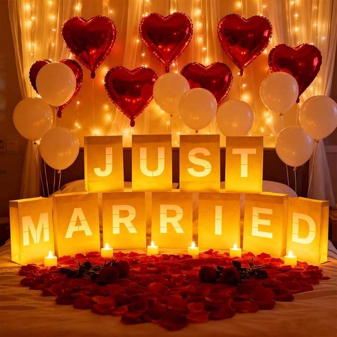 Just Married Light Up Letters, Include Light up Letters, with Tea Lights Candles, Latex Balloons, Aluminum Balloons and Rose Petals, Luminary Paper Bags for Just Married Banner and Decorations