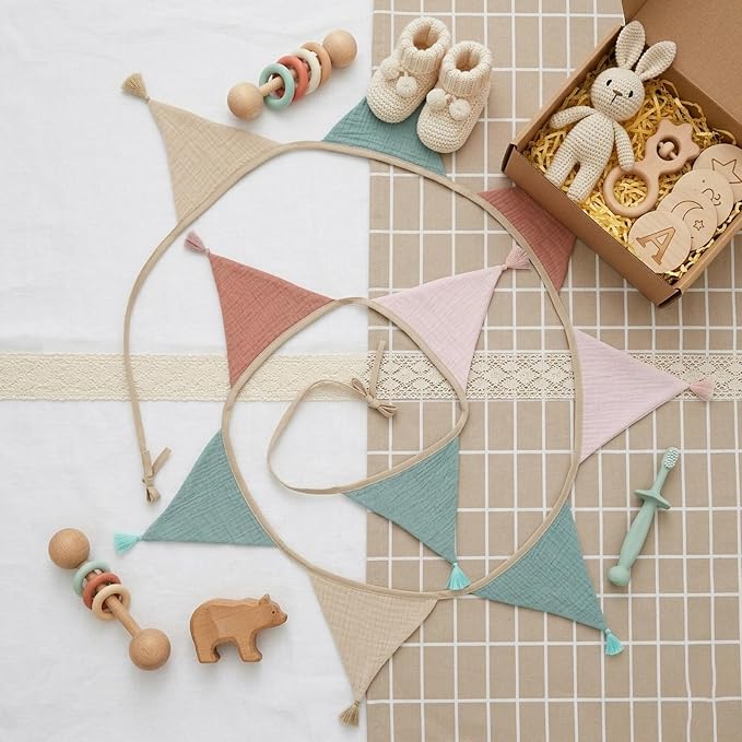 Fabric Bunting Banner, 2 Pack Handmade Neutral String Banner with Tassel Each 8.5 ft 10 Flags Nursery Wall Hanging Wedding Birthday Home Baby Shower Party Decoration Bunting (Light Candy 2 Packs)