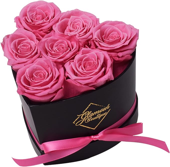 GLAMOUR BOUTIQUE 7 Flower Forever Heart Shape Box, Mothers Day Gift For Mom, Eternal Preserved Roses Gift for Her, Flowers bouquet, For Birthday, Anniversary, Girlfriend - Pink