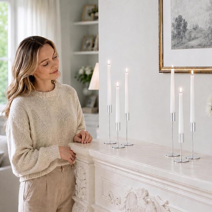 zeochyni Silver Candlestick Holders Set of 12 for Home Decor | Metal Taper Candle Holders Bulks in 3 Heights with Weighted Base for Dining, Wedding, Mantel Decor and Housewarming Gift