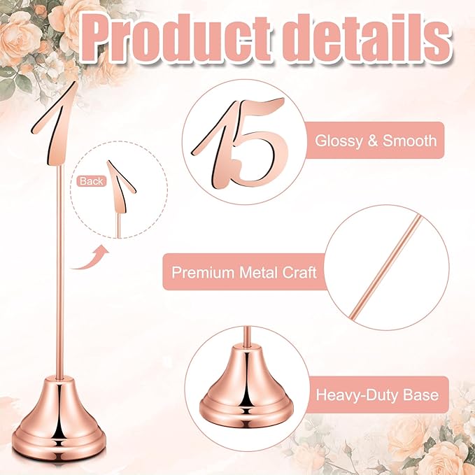 Maitys 15 Pcs Metal Table Numbers 1-15 with Weighted Base 8 Inch Table Number Stands for Wedding Reception, Party, Anniversary, Birthday Banquet(Rose Gold)