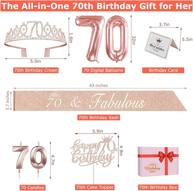 70th Birthday Decorations for Women, Including 70th Birthday Sash and Tiara, Cake Topper and Candles, Number Balloons, 70 Year Old Gifts Women